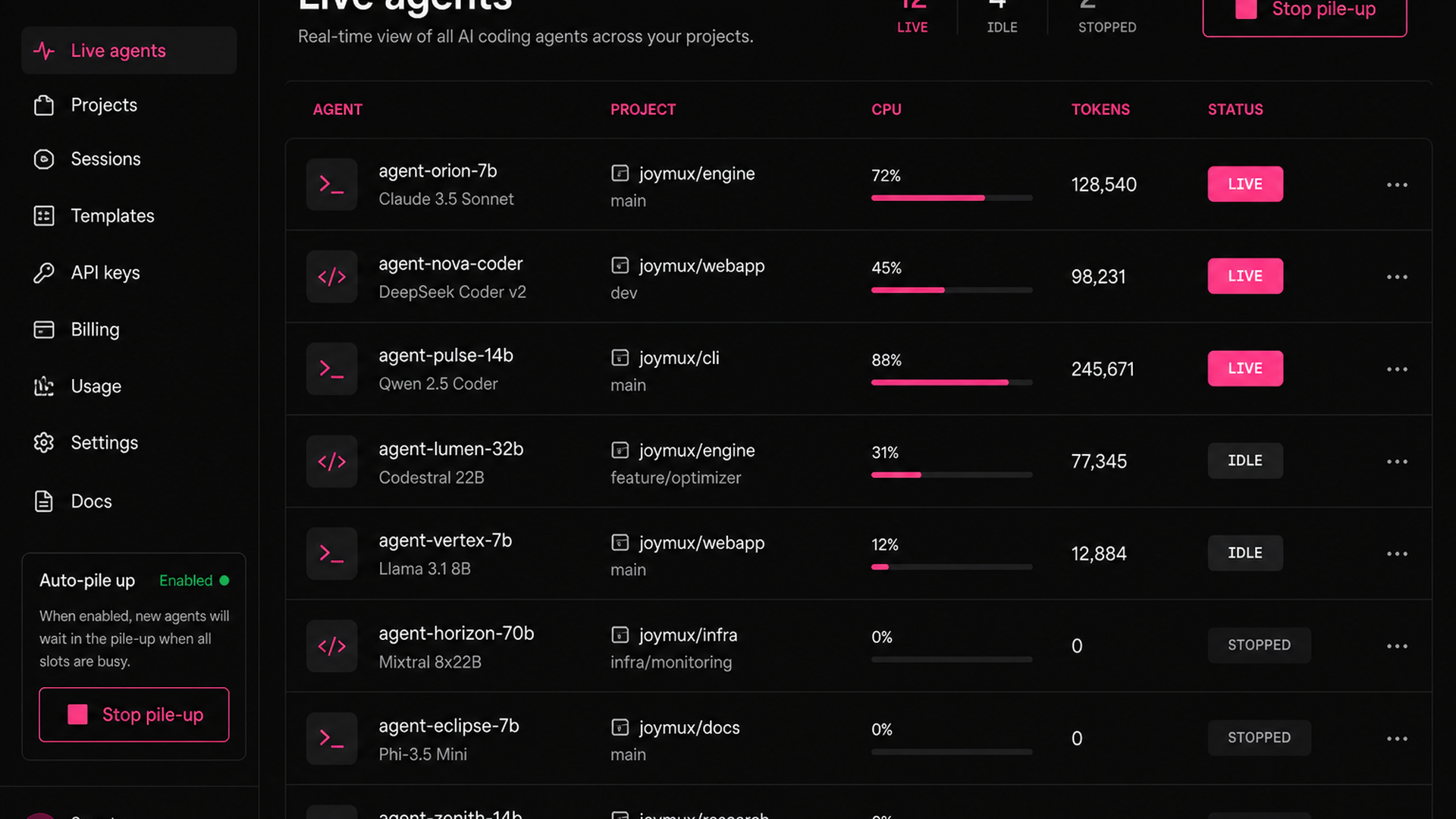 JoyMux live sessions across coding agent harnesses
