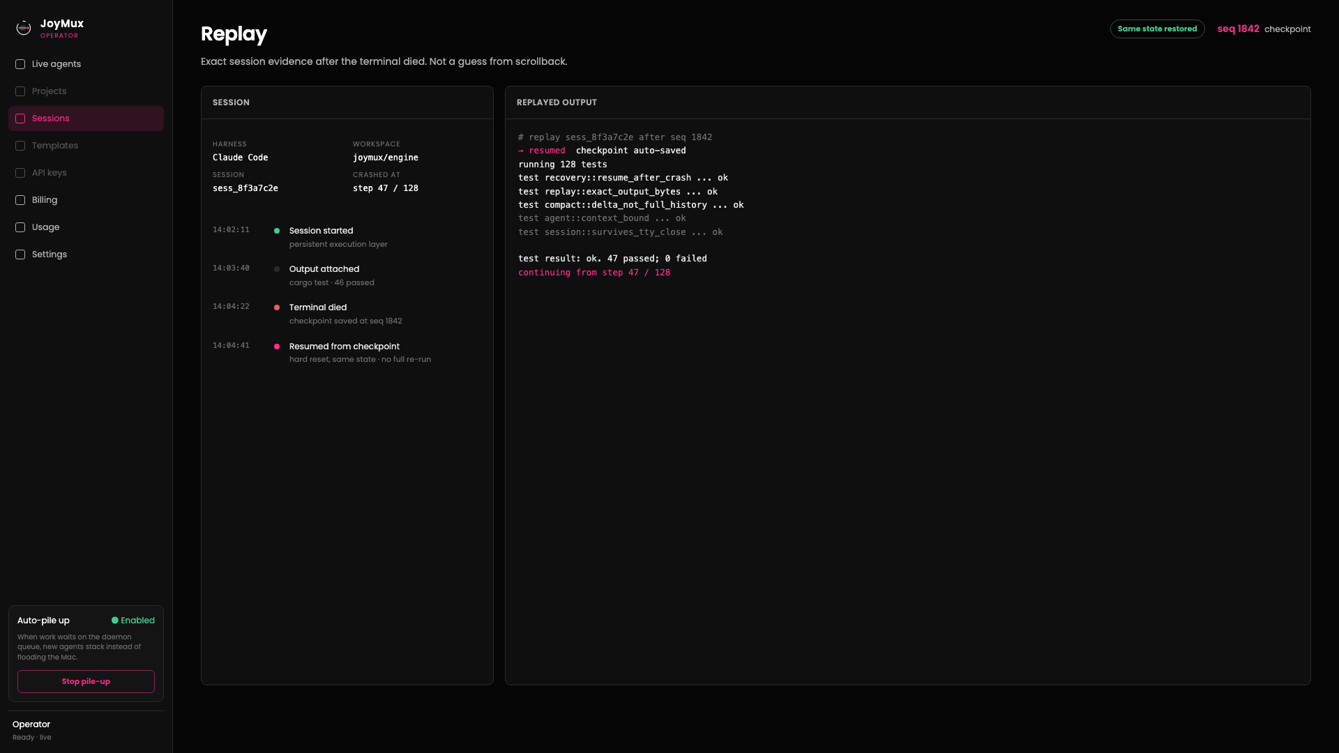 JoyMux replay of missed terminal output